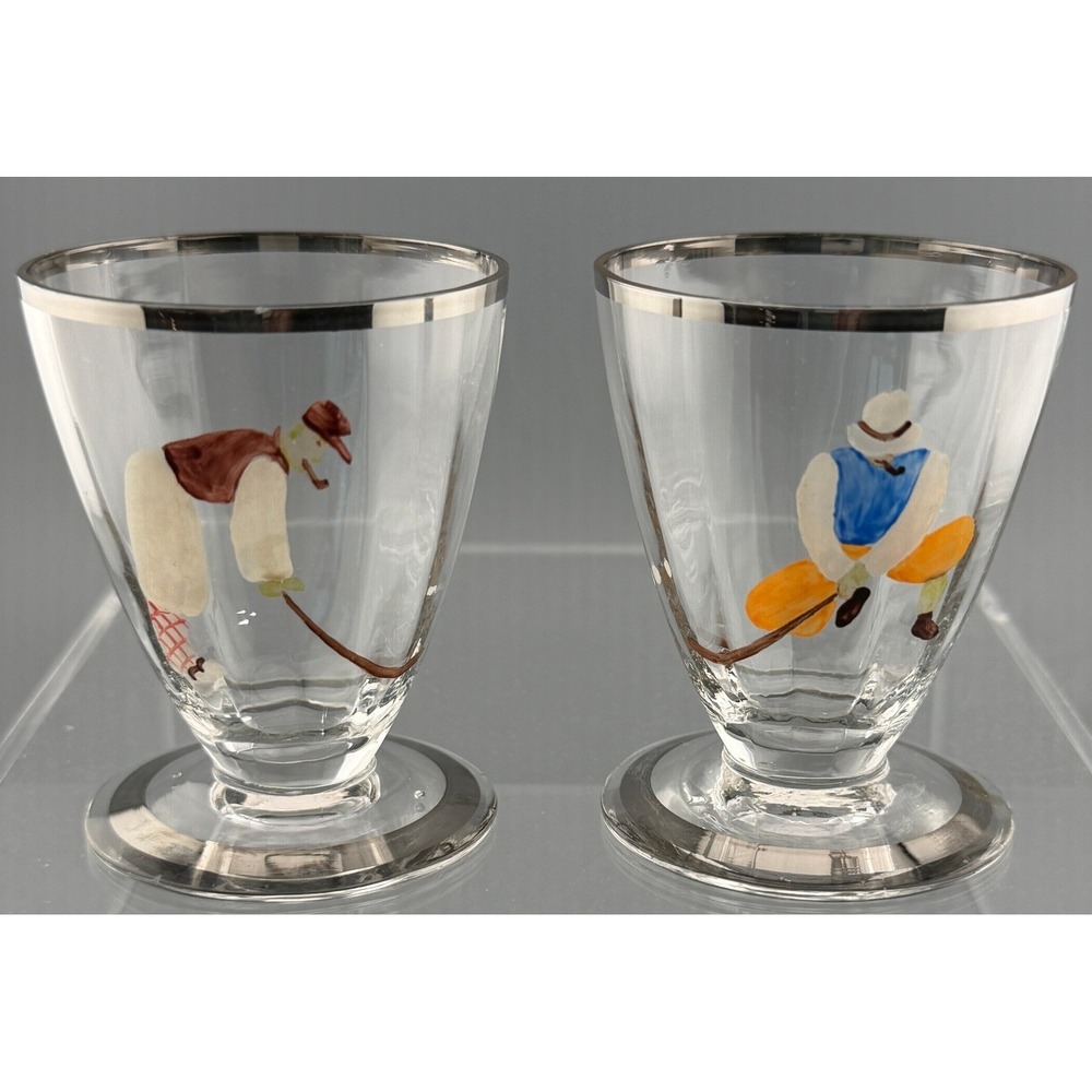 Vintage Hand Painted Golfer Cordial Glasses Pair Silver Rim 2 3/4"